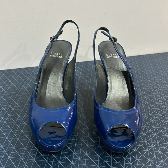 Stuart Weitzman Peep Toe asking Back Leather Pump  Blue - Picture 3 of 9